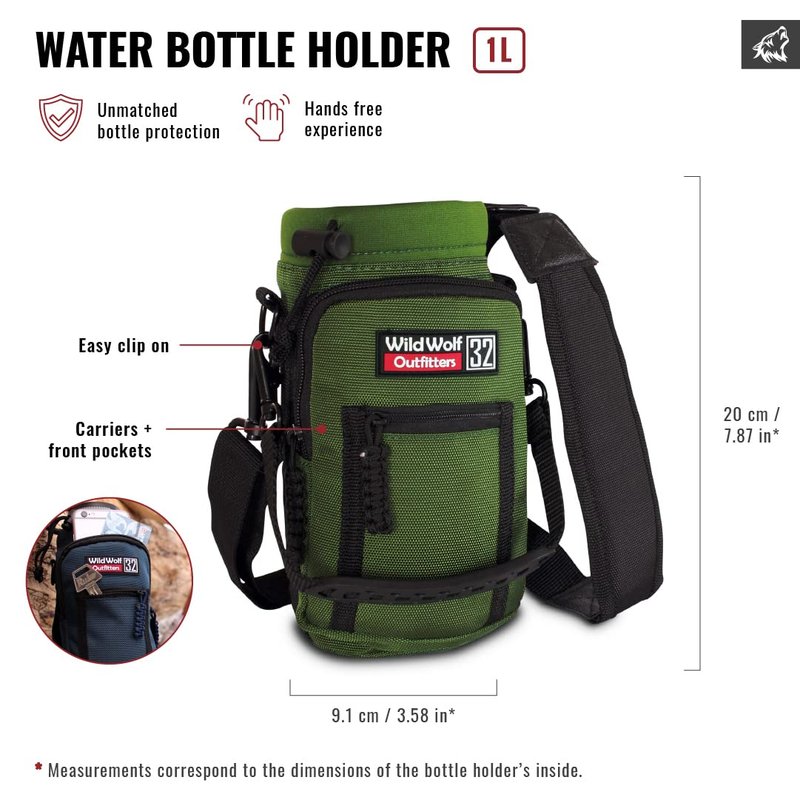 Water Bottle Holder for 32oz Bottles by Wild Wolf Outfitters - Green - Carry, Protect and Insulate Your Best Flask with This Military Grade Carrier w/ 2 Pockets & an Adjustable Padded Shoulder Strap