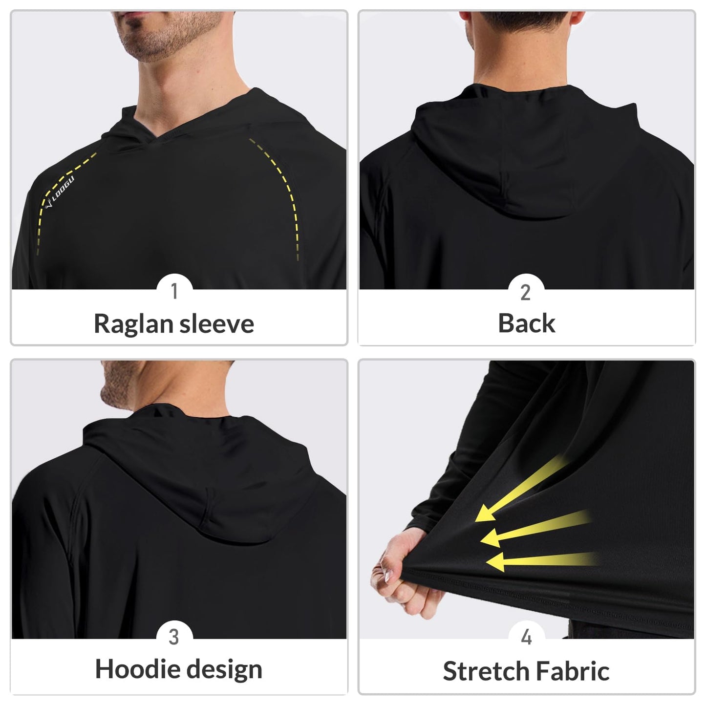 LOOGU Men’s UPF 50+ Sun Protection Hoodie Shirt Quick Dry Lightweight Long Sleeve Rash Guard for Fishing Swimming Beach Solid Black