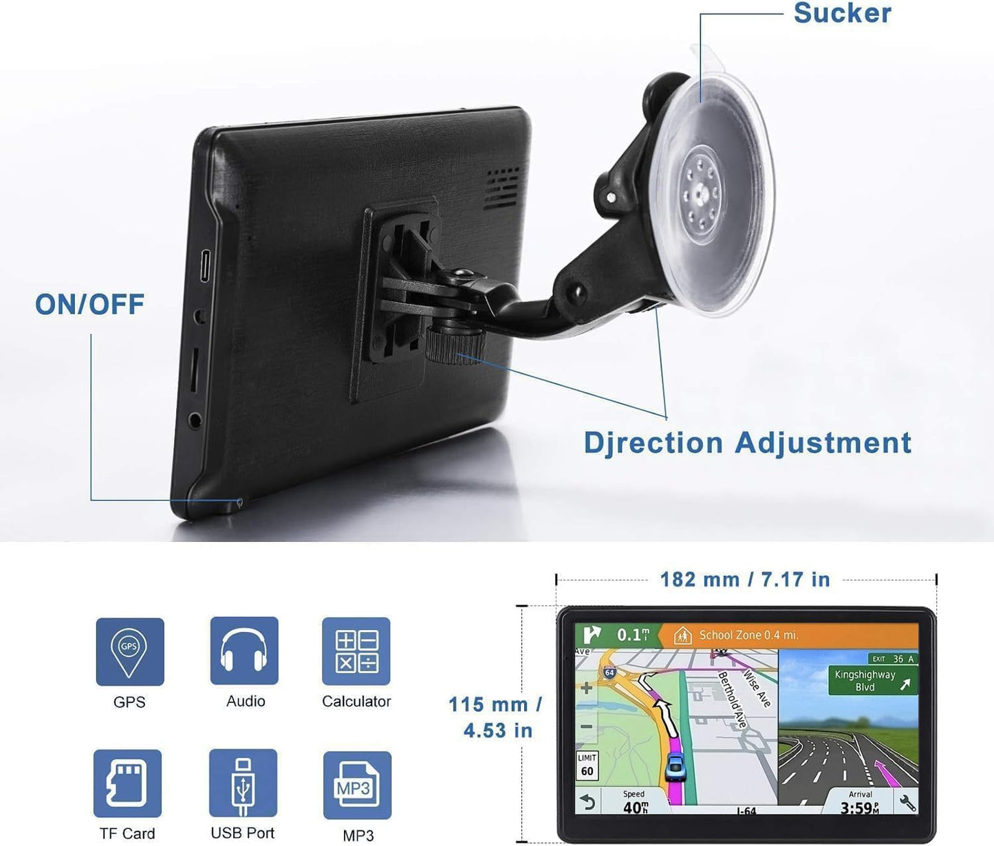 Skiennix GPS Navigation - 7-Inch Touch Screen Car GPS with Voice Guidance & Lifetime Maps