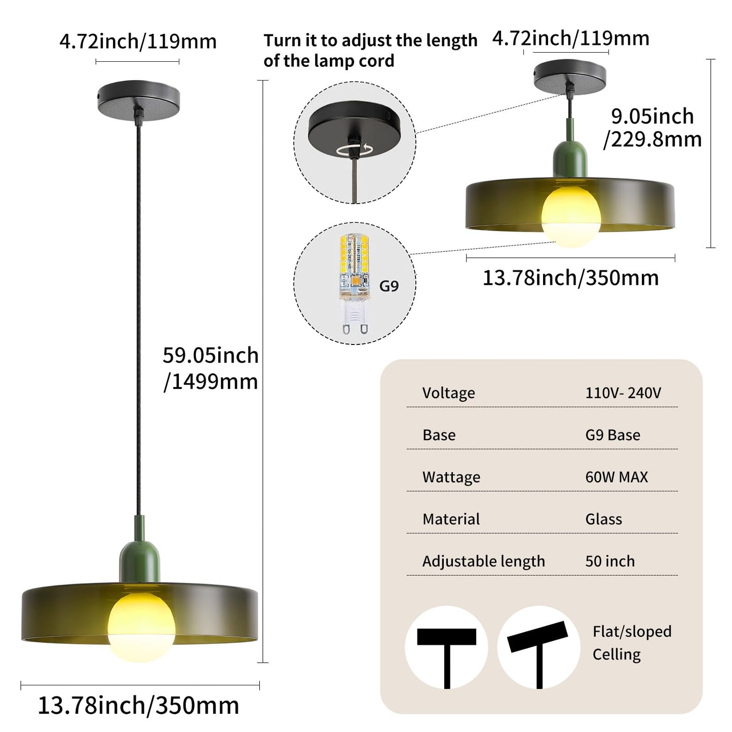 GloMuse Pendant Light Kitchen Island Hanging Light Mid Century Pendant Light Large Light Fixture for Living Room Green 13.78inch