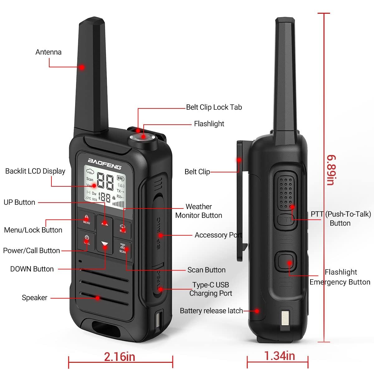 Walkie Talkies Long Range for Adult, Baofeng Radio FRS Portable Rechargeable Walkie Talkie Two Way Radio USB-C Cable 1400mAh Li-ion Battery NOAA VOX Walky Talky for Camping Skiing Hiking 3Pack