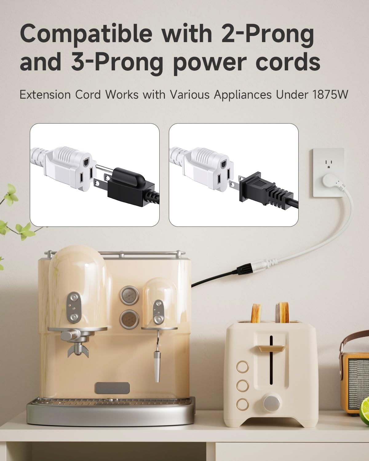 1Ft Flat Plug Short Extension Cord, 90 Degree Plug Adapter, White Low Profile 3 Prong Small Grounded Cords 14 AWG 15A 1875W 2 Pack