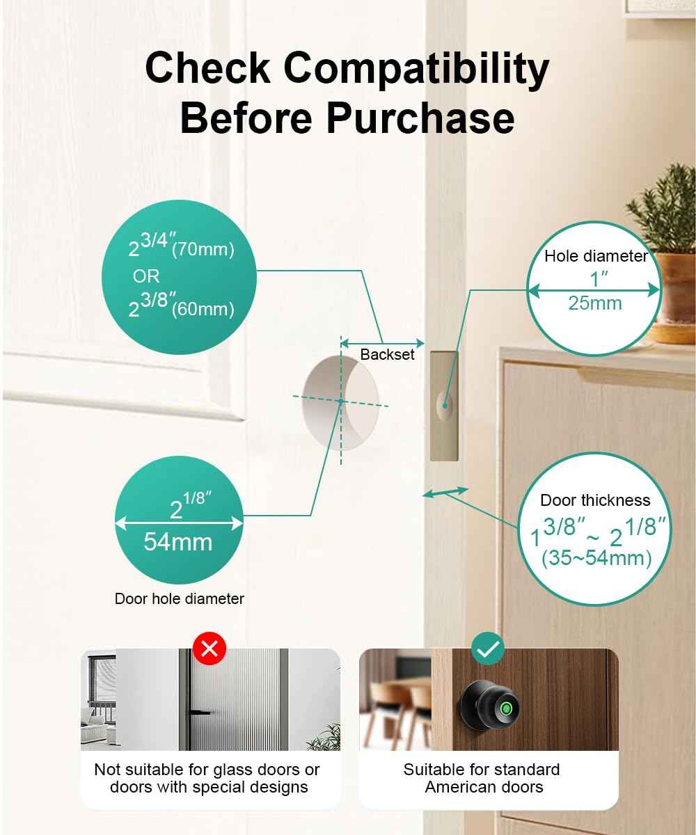 Fingerprint Door Lock, Smart Fingerprint Door Knob with Lock, Biometric Door Locks with App Control & Key, Keyless Thumbprint Entry Door Locks for Bedroom, Front Door,Home,Office-2 Pcs-Polished Black