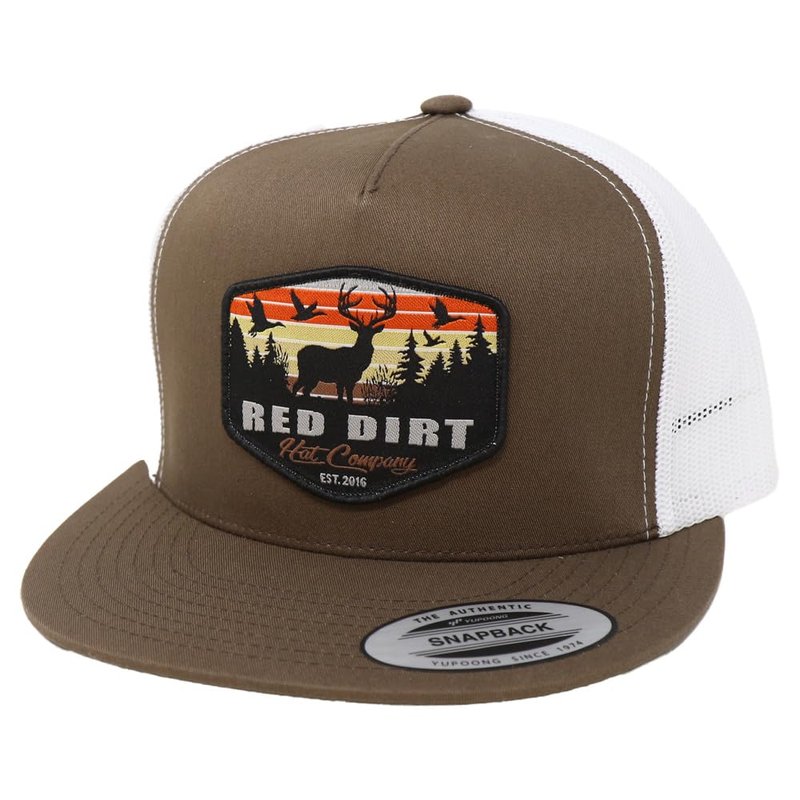 Red Dirt Hat Company Open Season 5-PanelAdjustable Snapback Hat, Trucker Cap w/Ventilated Mesh Back & Snap Back Closure, Structured Baseball Cap for Men & Women - Brown/White, One Size Fits All