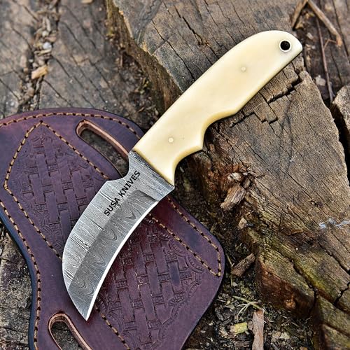 SUSA KNIVES 1095 Steel Hawkbill Fixed Blade Knife STEEL BONE with Leather Pancake Sheath