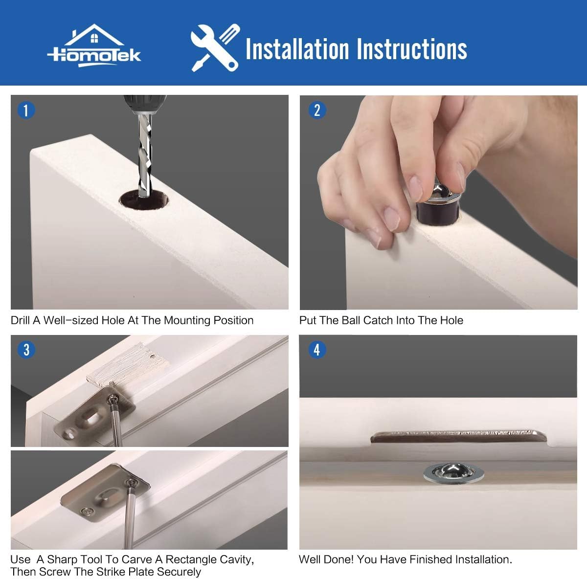 HOMOTEK 4 Pack Drive in Ball Catch with Strike Plate for Closet Doors, Bright Brass, 13/16 Inch x 1-1/8 Inchs,Die-cast, Adjustable Tension Ball