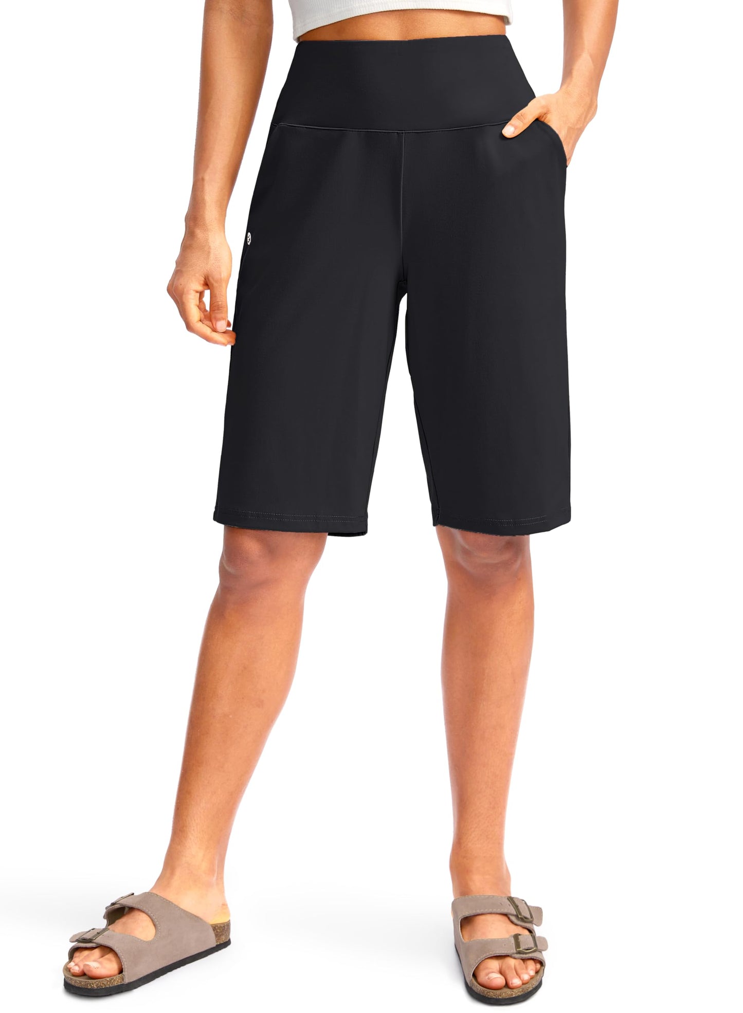 G Gradual Women's 12" Bermuda Long Shorts with Pockets High Waisted Stretch Knee Length Shorts for Women Summer Walking(Black,L)