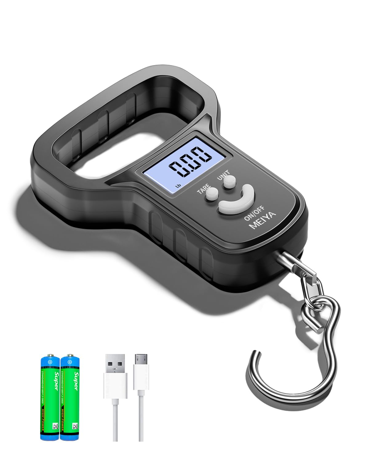 MEIYA Fishing Scale - Dual Power Rechargeable with Backlit LCD Display & Extra Wide Handle | Black
