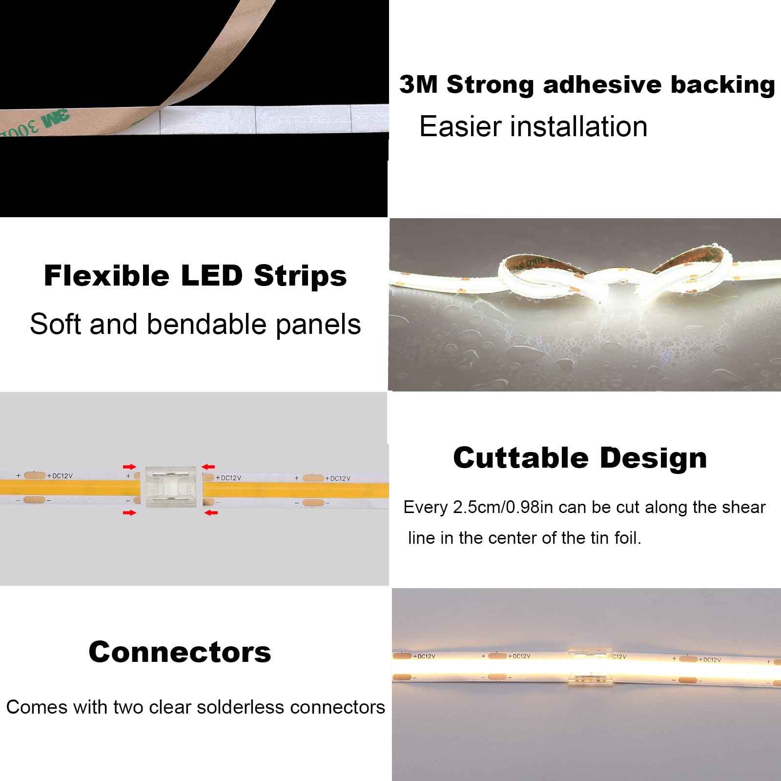 TOPAI 24V COB LED Strip 5000K Daylight White Waterproof IP65 480LEDs/M Super Bright 4000Lm CRI>90 16.4ft Dotless High Density Cuttable Flexible for Cabinet Home DIY Lighting Projects