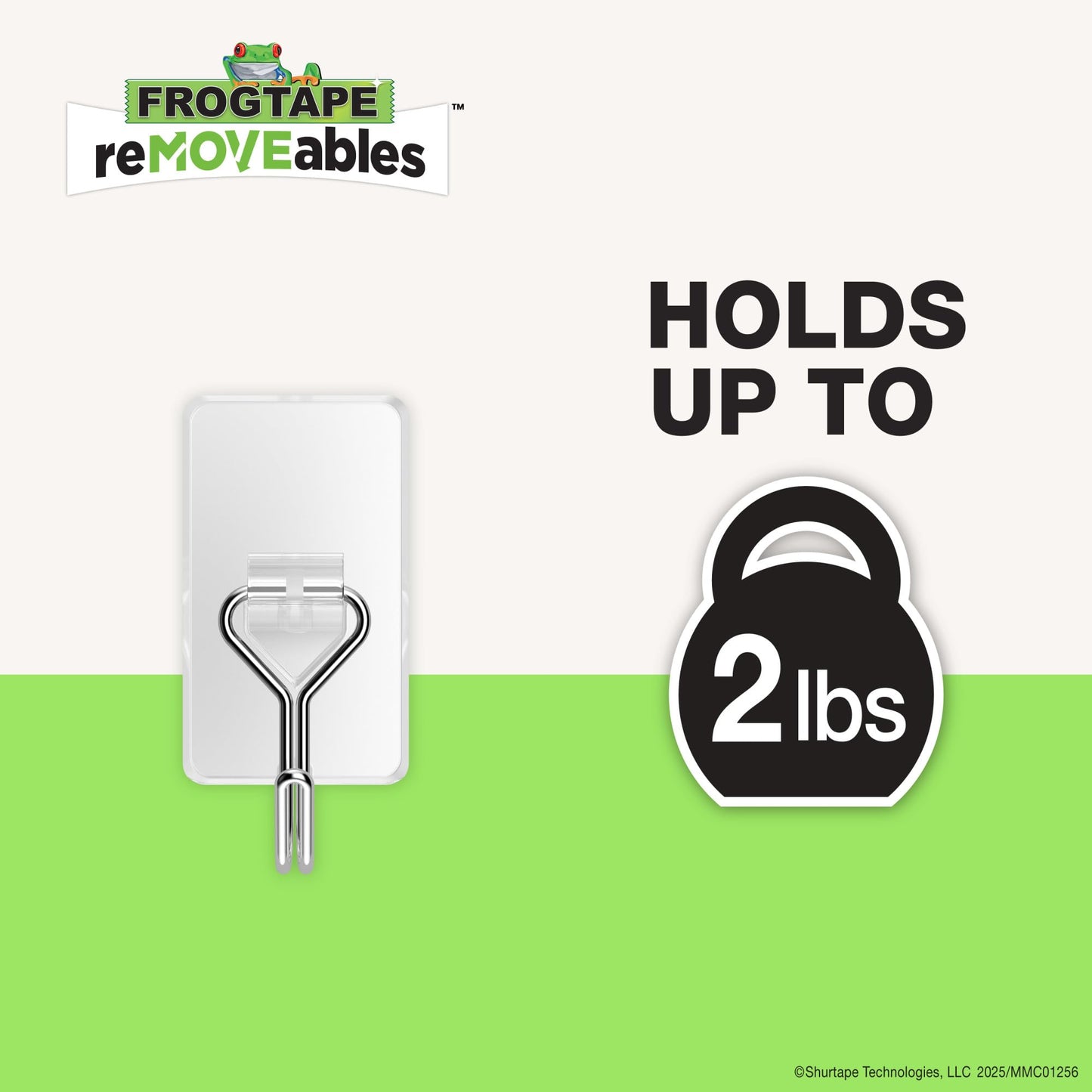 FrogTape reMOVEables Damage Free Adhesive Hook - Removable & Reusable Medium Wire Wall Hooks for Hanging - No Nails- Includes 6 Hooks & 8 Adhesive Strips, Holds up to 2 lbs, Clear (Pack of 6)