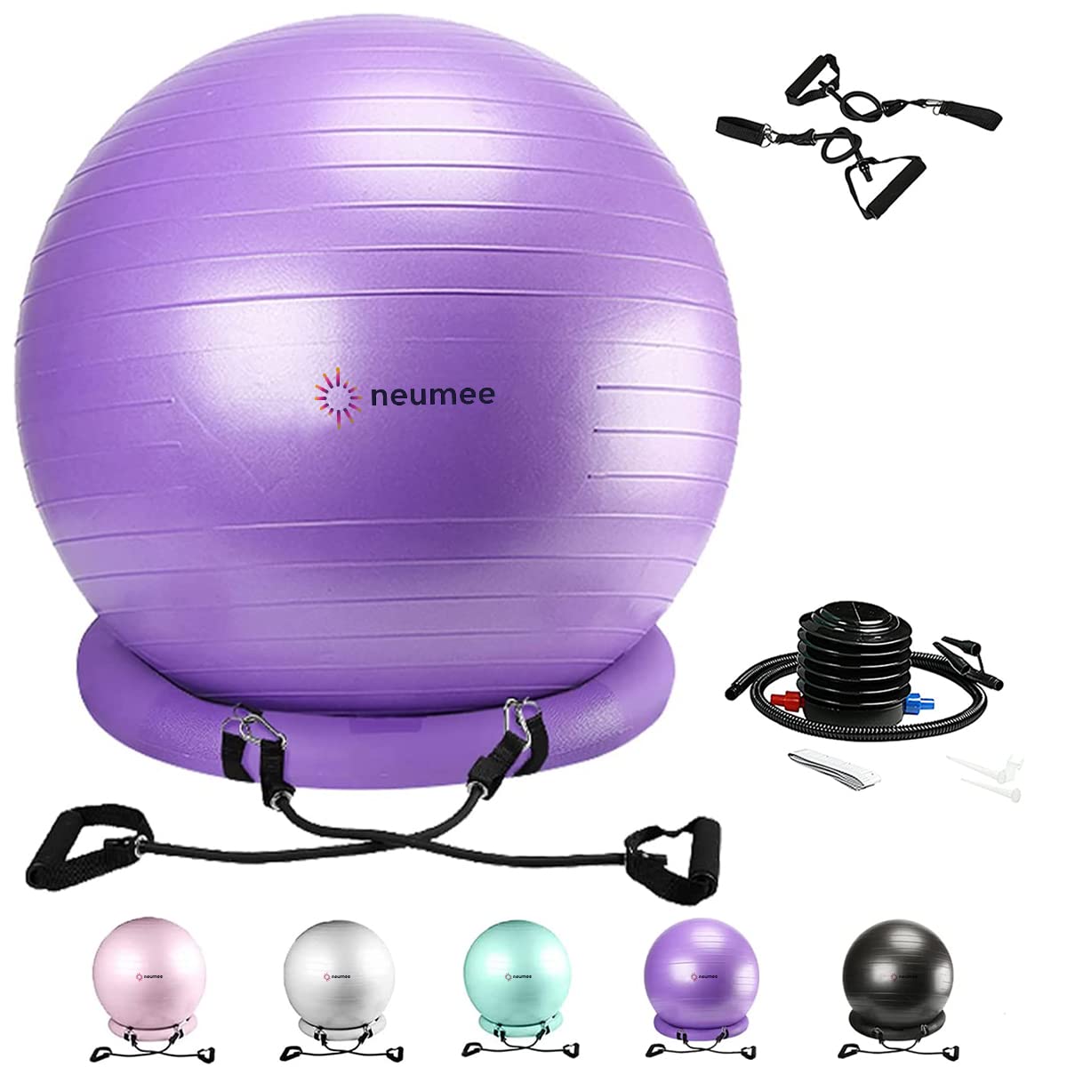 NEUMEE Yoga Ball Chair with 65cm Exercise Ball & 2 Resistance Bands, Stability Base for Home Office, Yoga, Pilates & Fitness, Balance Ball for Posture, Core Strength & Low Impact Workouts (Purple)