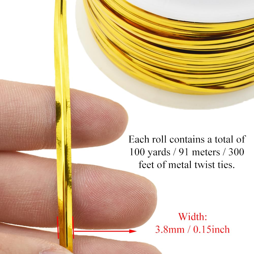 HAHIYO 100Yards/300Feet/91M Gold Metal Twist Ties for Bread, Candy, Coffee, Plant Garden, Cellophane Treat, Gift Wrapping, Plastic Bags - Halloween Party, Cake Present, Art Craft