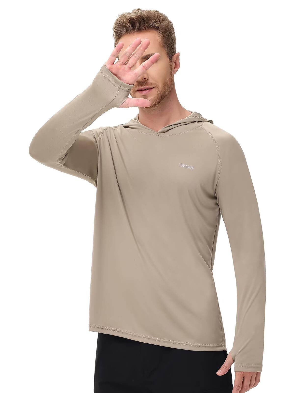 FUWODE Mens Long Sleeve Sun Shirt with Hood SPF UV Protection Clothing for Hiking Fishing Running Rush Guard Dri Fit Khaki