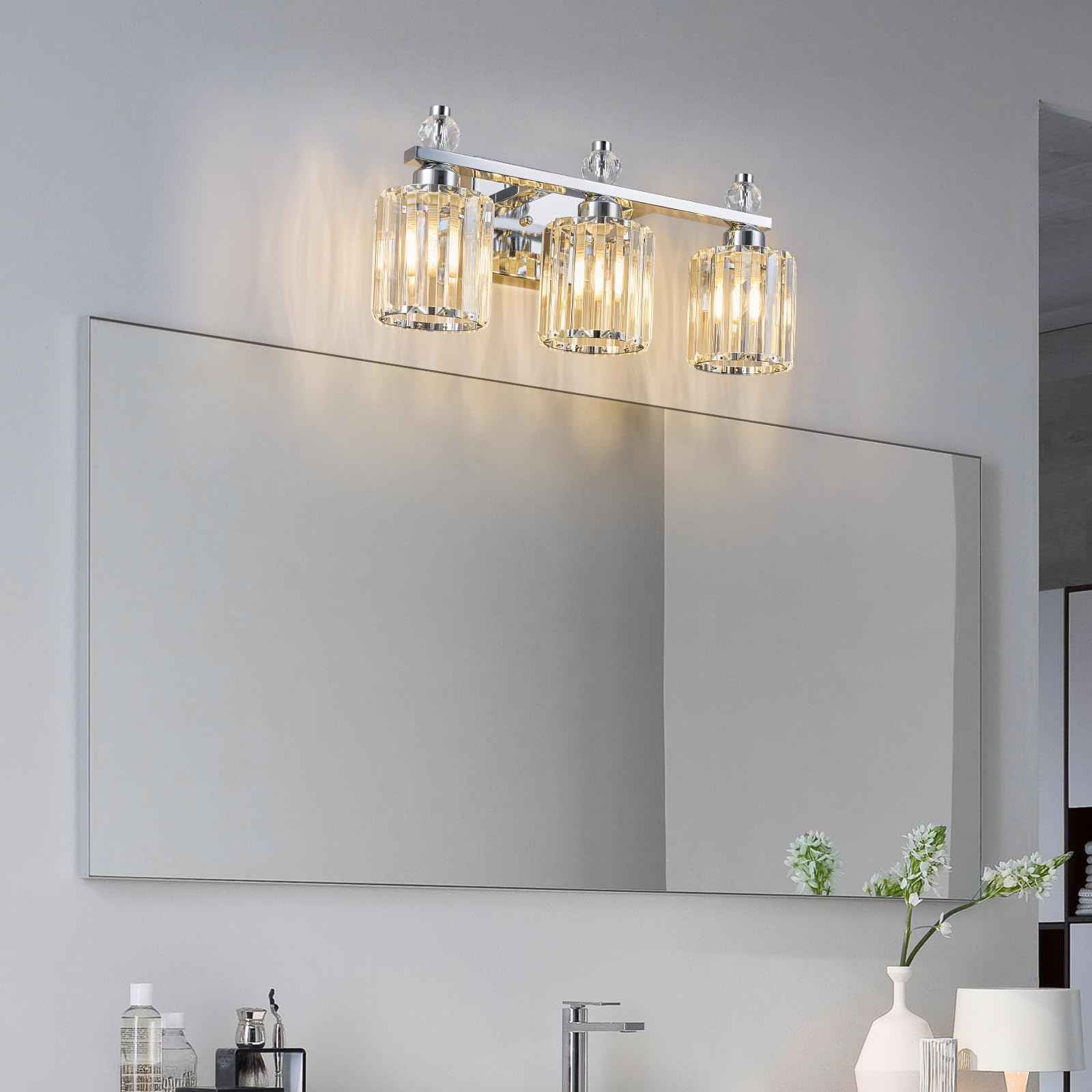 FDPBY Bathroom Vanity Lights 3-Light Chrome Modern Crystal Vanity Light Fixtures Over Mirror Crystal Bathroom Vanity Lighting Fixtures