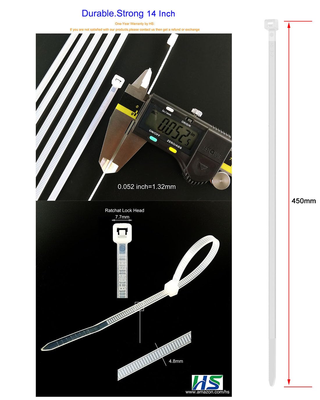 HS 14 Inch Zip Ties White 50 Pounds Tensile Strength Wide Straps (100 Pack) Nylon PA66,Self-Locking Long Electrical Plastic Cable Wire Zipties for Outdoor Use,Multi Purpose