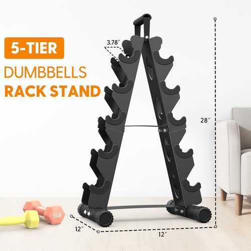 AmazeFan 5 Tier | 3-Tier Dumbbell Rack Stand Only, A-Frame Design Weight Rack with Handle, Weights Metal Strength Training Dumbbells Storage Rack for Home Gym Space Saver (Dumbells not Included) (Black, 5 Tier)