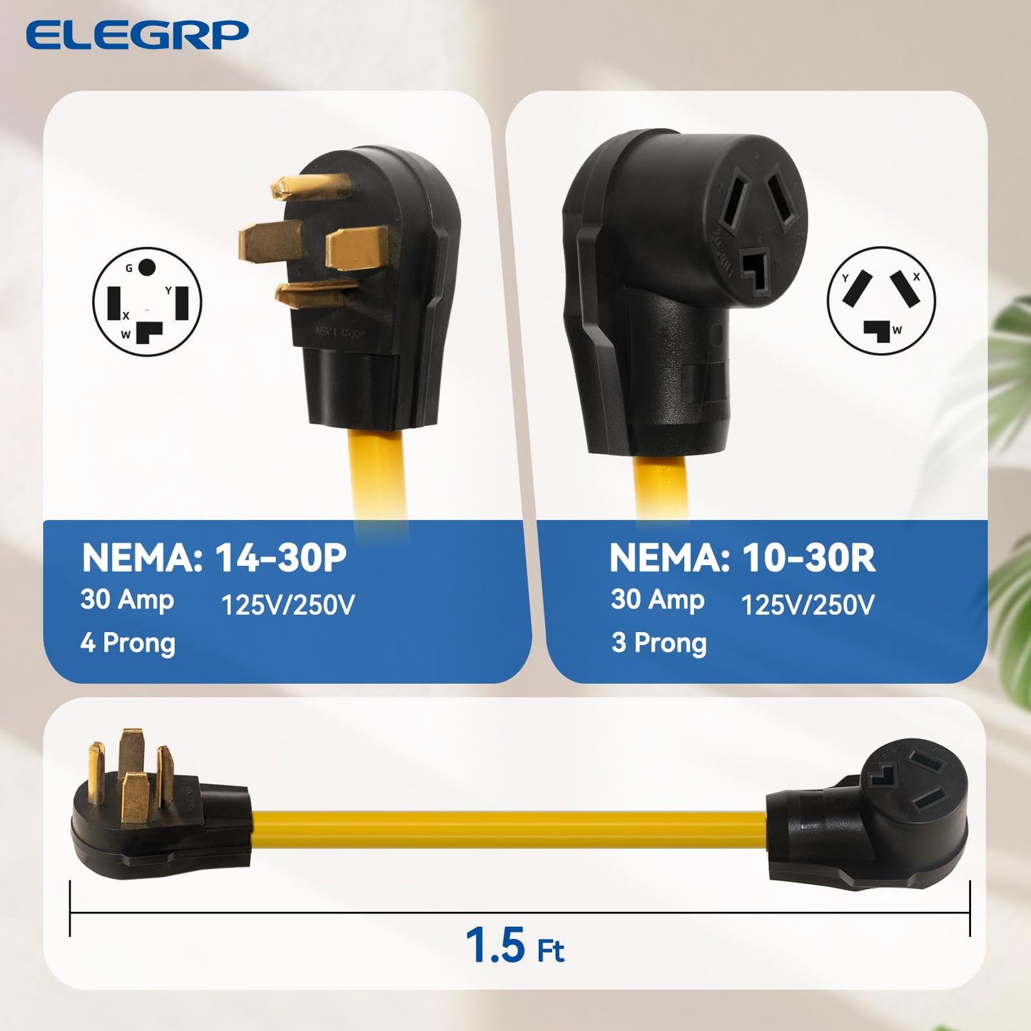 ELEGRP 1.5FT Dryer Adapter Cord, NEMA 14-30P to 10-30R, 4 Prong New House to 3 Prong Old Dryer, 30 Amp/250V/7500W, Heavy Duty 10-AWG STW, 180° Rotating Plug, UL Standard Compliant
