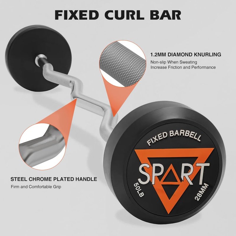 Rubber Coated Fixed Barbell, Pre-Loaded Weights EZ Curl Solid Steel Barbells, Weighted Bar for Weightlifting Exercise, Bodybuilding, Strength Training, Squat Rack & Bench Press, 20lb