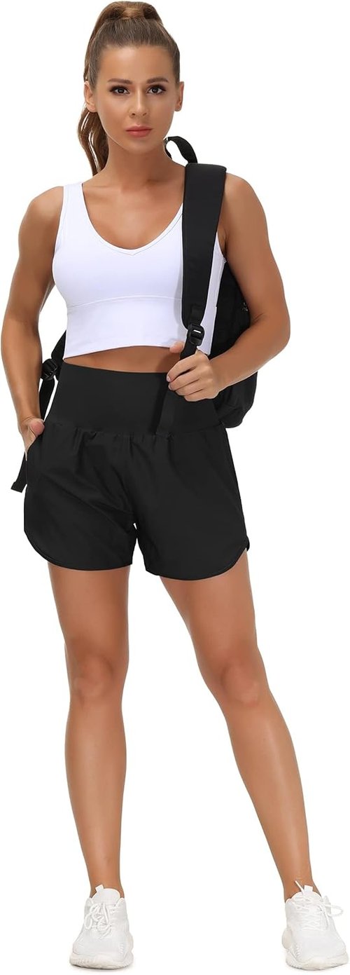 Gym People Women's High Waist Running Shorts - Athletic Hiking Workout Shorts with Liner & Zip Pockets