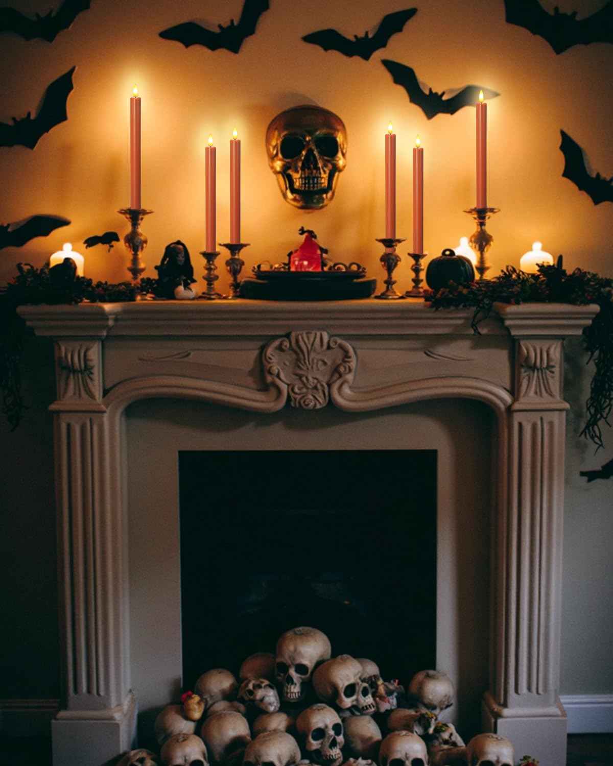 SUNGEGE Orange Flameless Taper Candles, 6 Pack, 0.78 x 9.9 Inches, LED Flickering with 2 Remotes, Battery Operated for Halloween, Fall, and Thanksgiving Decorations