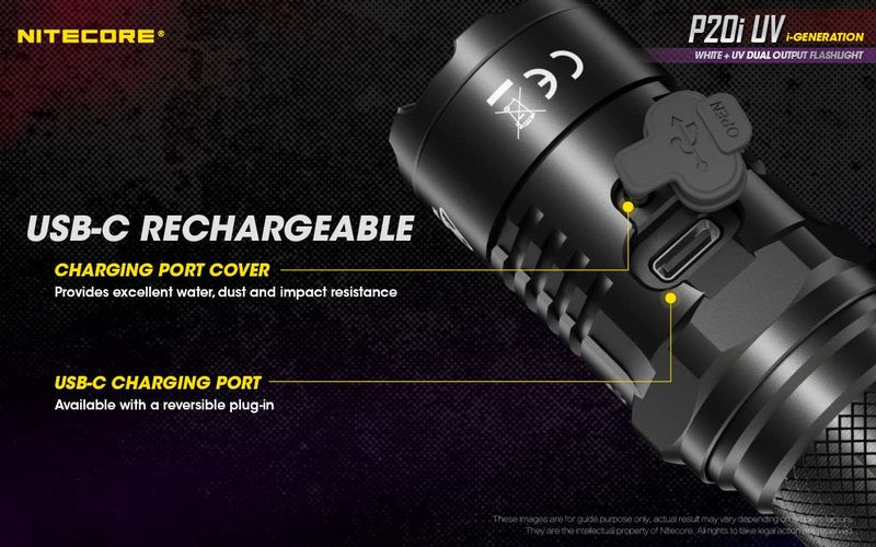 Nitecore P20i UV 1800 Lumen USB-C Rechargeable Tactical Flashlight with UV Ultraviolet Black Light and LumenTac Organizer