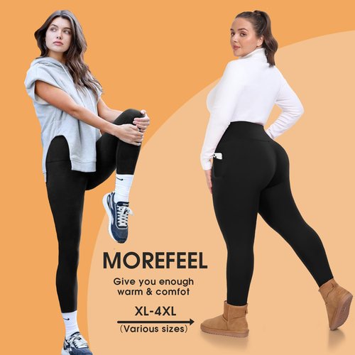MOREFEEL Fleece Plus Size Leggings for Women with Pockets-Stretchy X-4XL Tummy Control High Waist Workout Warm Winter Yoga Pants