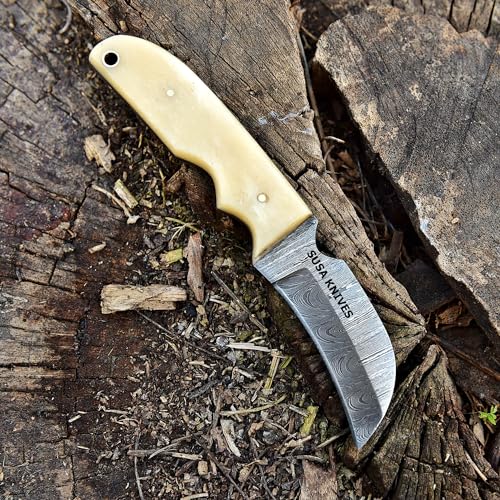 SUSA KNIVES 1095 Steel Hawkbill Fixed Blade Knife STEEL BONE with Leather Pancake Sheath