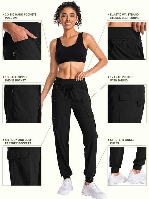 linlon Womens Hiking Pants Quick Dry UPF 50 Casual Pants Lightweight Camping Travel Safari Work Cargo Joggers Pants #2071-Black-L