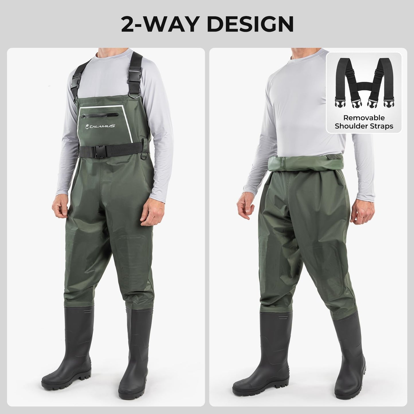 Calamus WaveWalker Fishing Waders for Men & Women, 100% Waterproof PVC Chest Waders with Slip-Resistant Boots, Tear-Resistant Nylon, Ample Storage, Wader Hanger, Military Green, 11