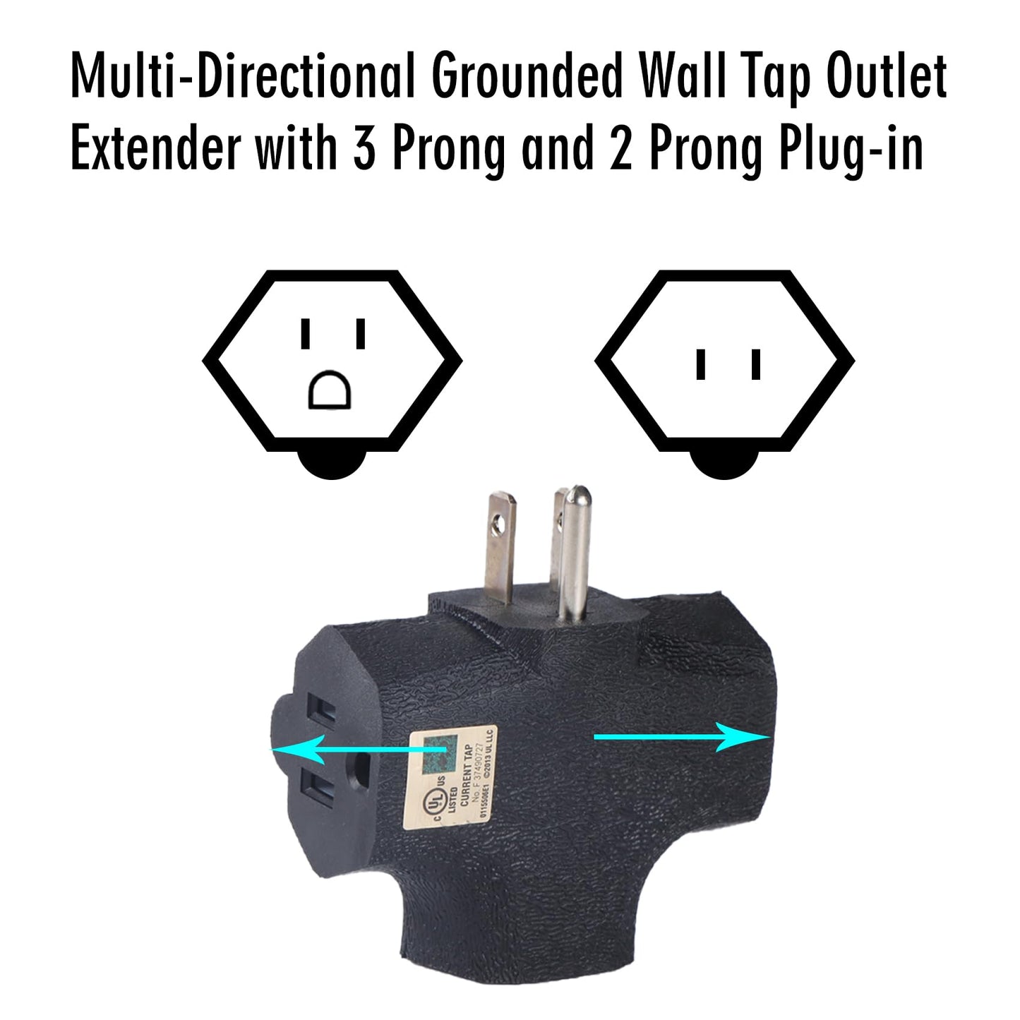 GFQHF 3 Way Plug Adapter - UL Listed - Outdoor Outlet Splitter 3 Prong - Electrical Outlet Extender, Wall Outlet Expander, Outdoor Heavy Duty Triple Plug Outlet Adapter 3PCS Black