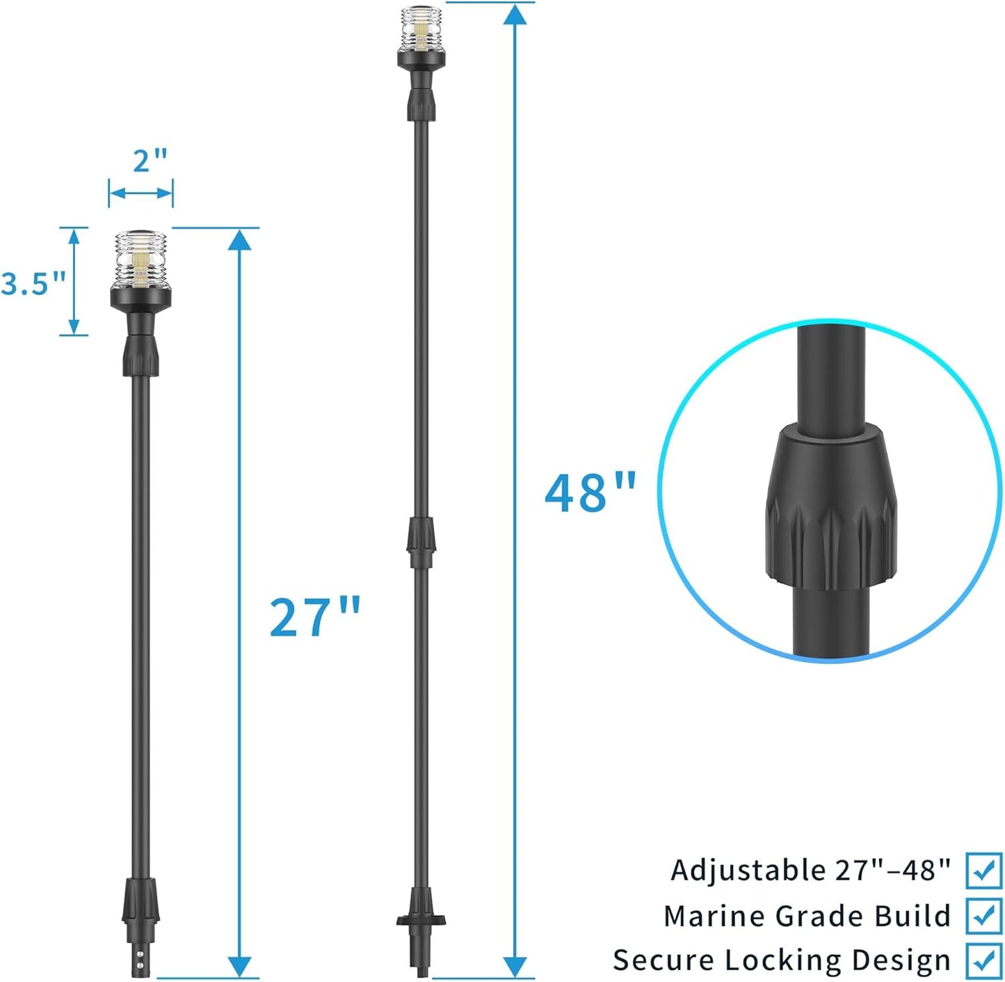 Obcursco LED Boat Stern Light - Telescoping 27"-48" Adjustable Navigation Light | 12V, 3NM, 360° for Pontoon & Yacht