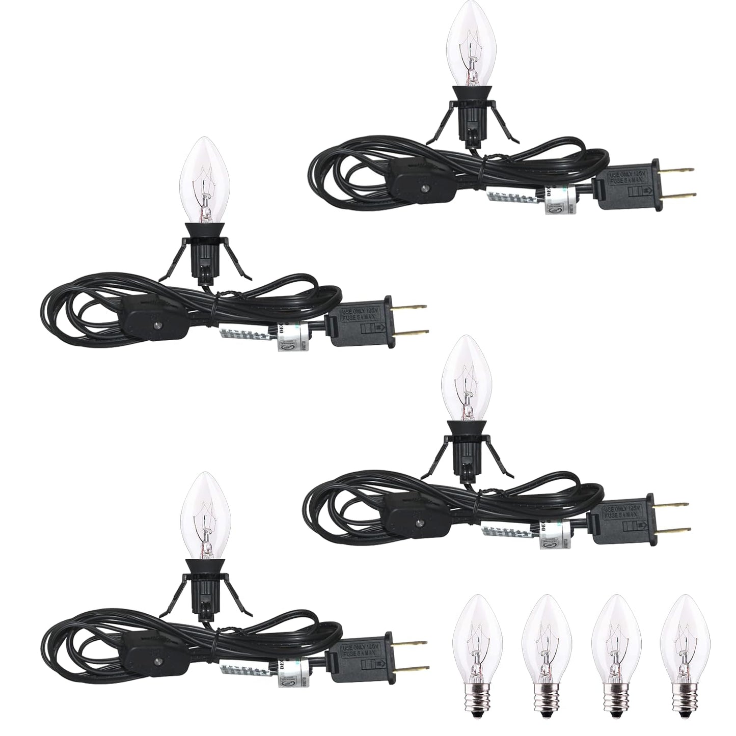 PASUTO 6FT Accessory Cord for Craft Lighting Halloween Pumpkin Christmas House Decorations, 4 Sets Candelabra-Base E12 Socket C7 Bulbs Clip Light with On/Off Switch Plugs (8 Bulbs, 4 Spare)