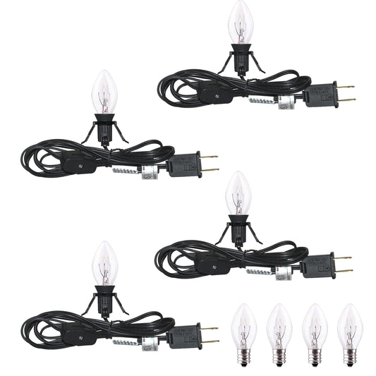 PASUTO 6FT Accessory Cord for Craft Lighting Halloween Pumpkin Christmas House Decorations, 4 Sets Candelabra-Base E12 Socket C7 Bulbs Clip Light with On/Off Switch Plugs (8 Bulbs, 4 Spare)