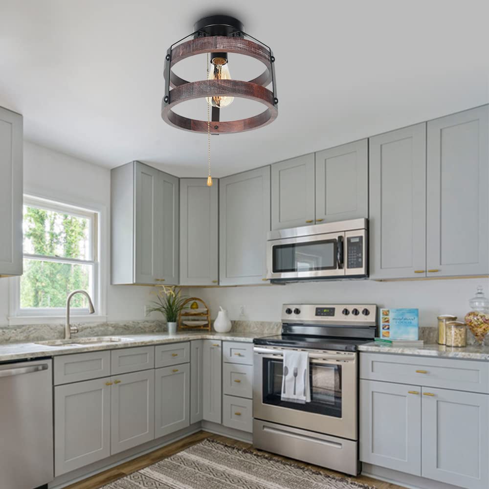 Farmhouse Flush Mount Ceiling Light with Pull Chain, 1-Light Small Wood Rustic Close to Ceiling Light Fixture Pull String Country Home Lighting Edison E26 8060PC