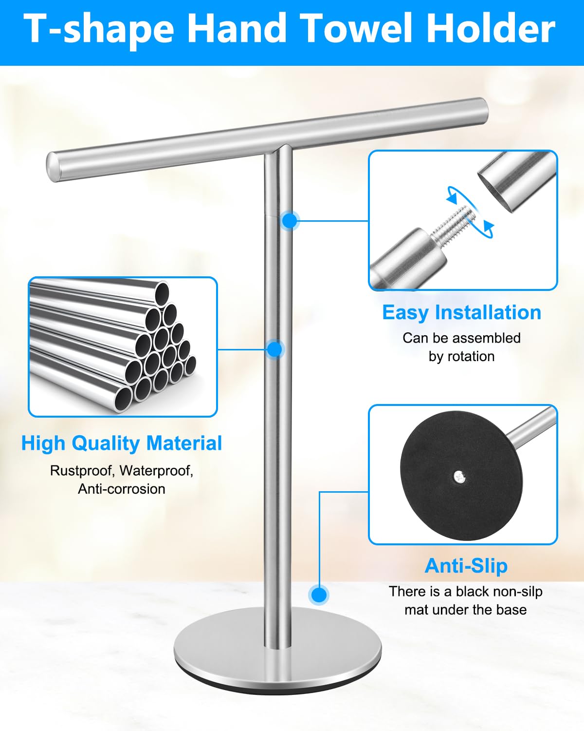 Standing Hand Towel Holder, T-Shape Towel Rack Stand, Stainless Steel Towel Bar for Bathroom Kitchen Vanity Countertop, Nickel