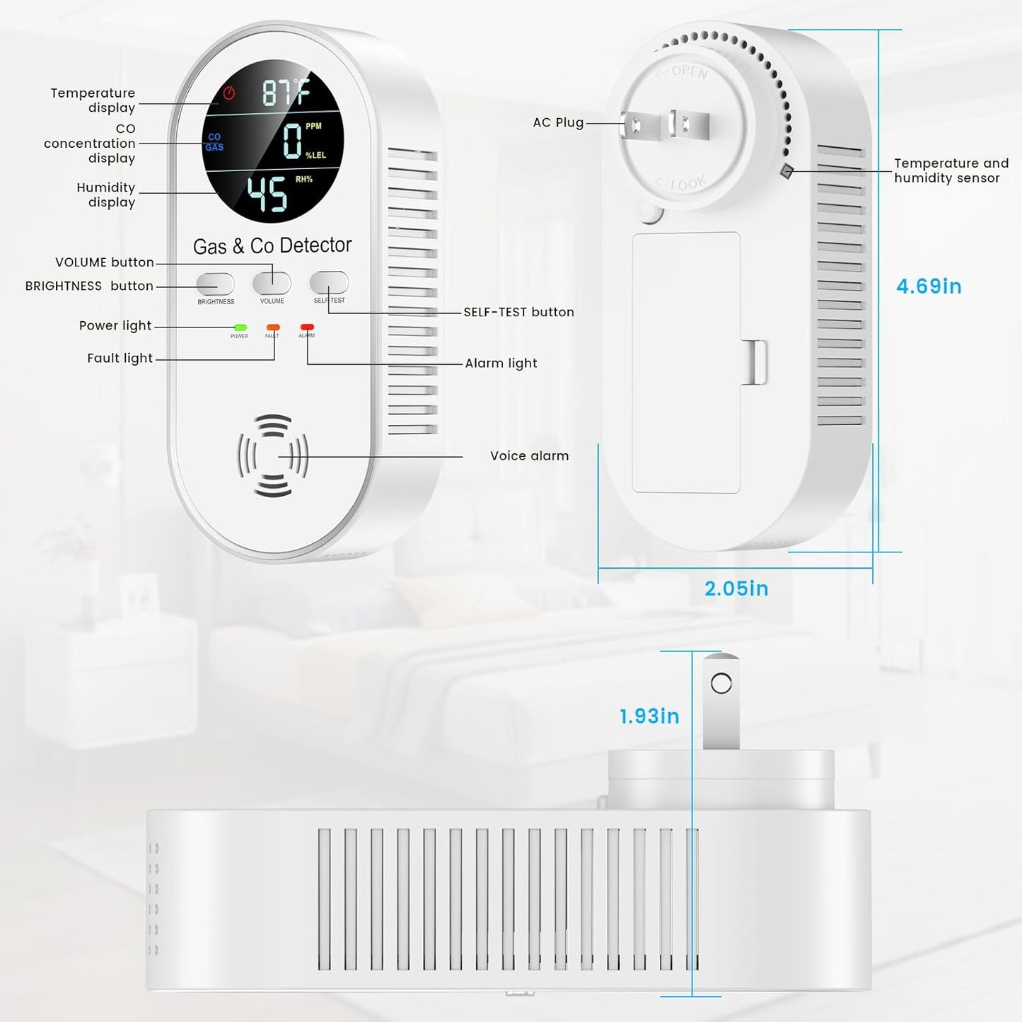 5-in-1 Carbon Monoxide & Natural Gas Detector with Temperature & Humidity Sensor - Battery Backup, LED Display, Sound & Light Alerts for Home & Hotel
