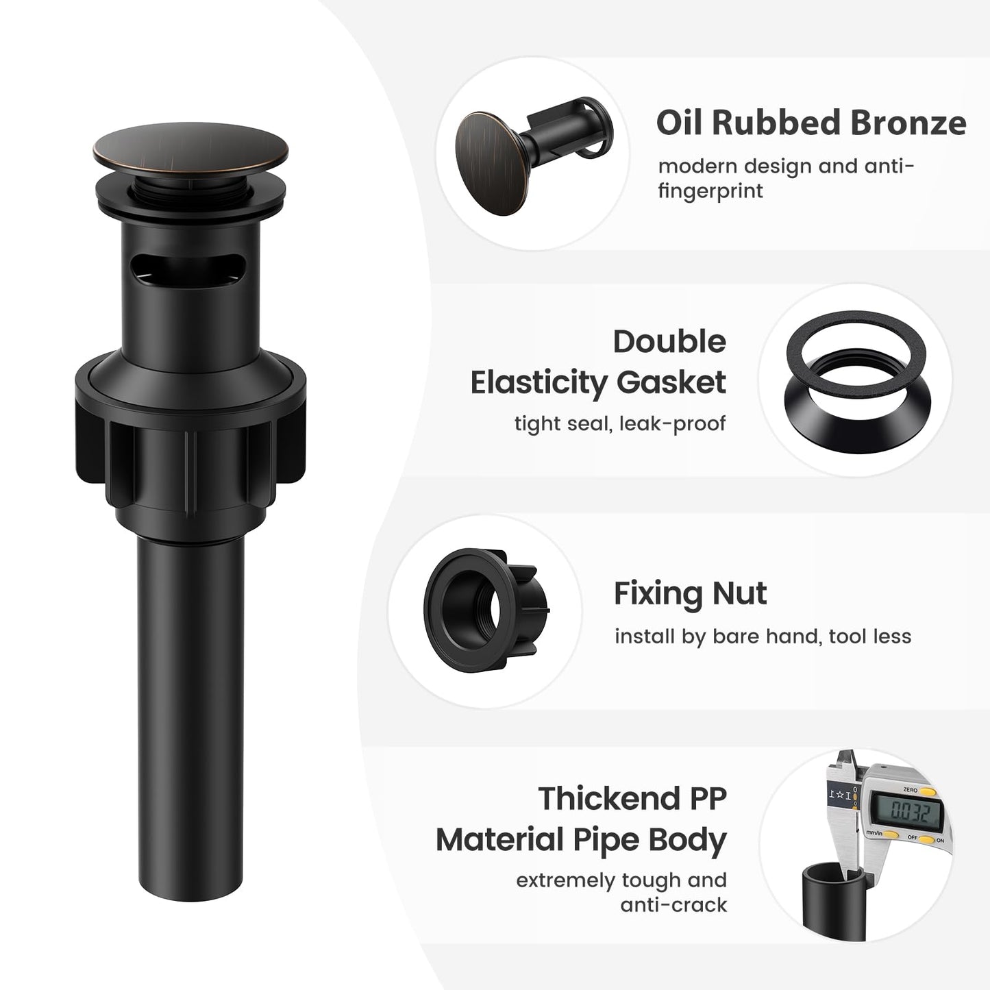 Bathroom Sink Drain with Overflow, Hurran Universal Bathroom Sink Stopper for Bathroom Vanity Vessel Sink, Plastic Pop-up Sink Drain with Hair Catcher Anti-Clog Strainer, Oil Rubbed Bronze