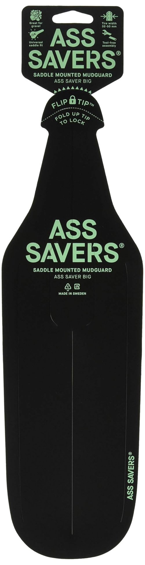 Ass Savers Big Saddle Mudguard for Wide Tires, 30-50 mm, up to 55 mm, Generation 4, Maximum Rain Protection, No Tools Mount, Patented Flip Tip, Lightweight, Stable, Self Centering, CX, Gravel, Black