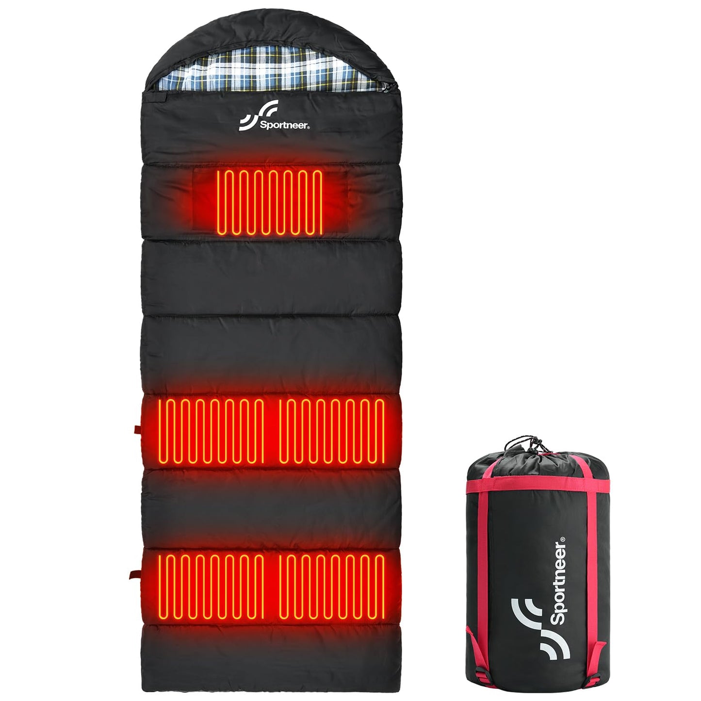 Sportneer Heated Sleeping Bag with 5 Heating Zones, Warm Flannel Cold Weather Sleeping Bag for Adults, 3 Heat Levels USB Powered (Power Bank Not Included), Winter Camping & Outdoor Hiking