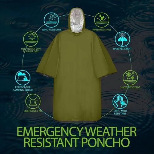MIRouer Emergency Poncho with Mylar Blanket Liner for Survival Gear, Waterproof, Wind-Resistant Green Rain Poncho for Outdoors, Camping, and Car Emergency Kits - Thermal Poncho - 4 Pack (Green)