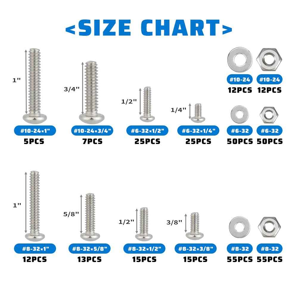 351Pcs Nuts and Bolts Assortment Kits 304 Stainless Steel Machine Screw，SAE 8 Szie #10-24#8-32#6-32 Assorted Nuts Washers Set and Phillips Pan Head Bolt