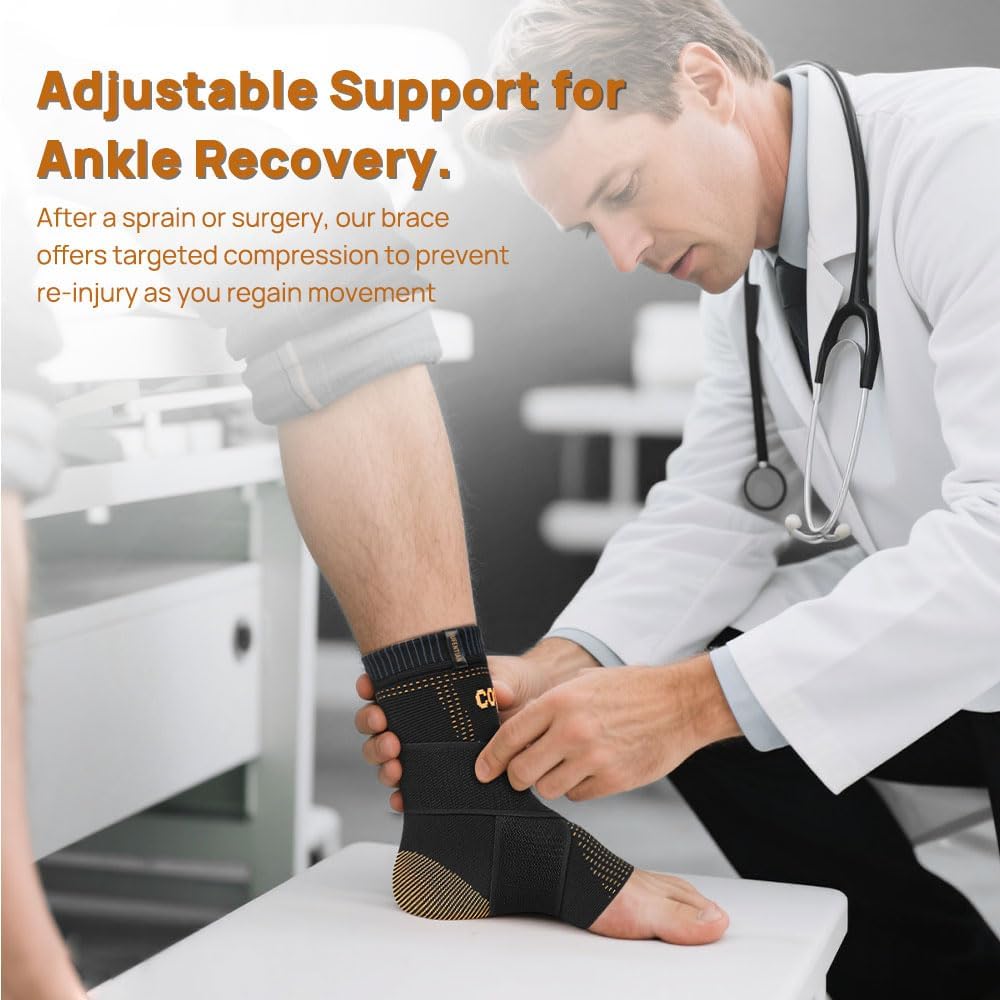 JIUFENTIAN Ultra-Breathable Copper Ankle Braces for Men and Women- Adjustable Compression Ankle Brace for Sprain Recovery, Plantar Fasciitis & Daily Pain Relief | Durable, Fits Any Shoe (Large)