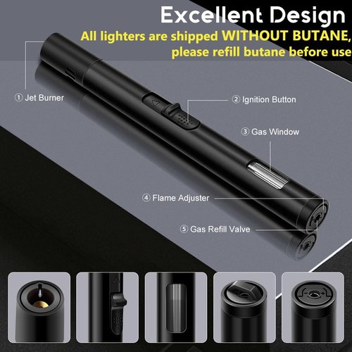 LcFun 2 Pack Torch Lighters Refillable Butane Lighter with Visible Fuel Window, Windproof Adjustable Jet Flame Long Lighters for Candle, Grill, BBQ, Camping, Fireworks (Butane NOT Included)
