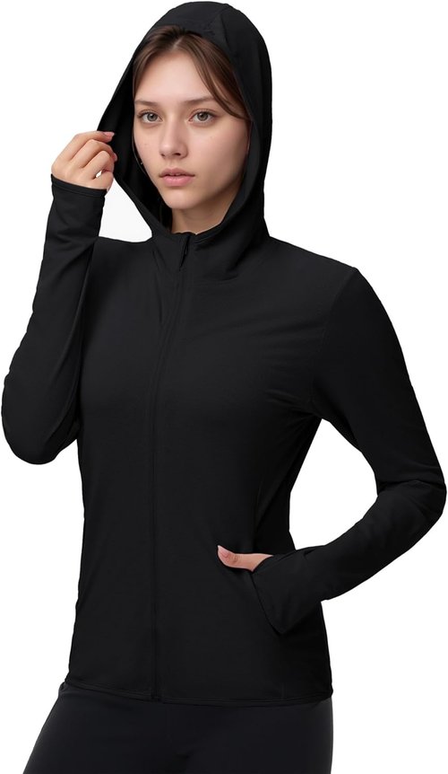 Isnowood Women's UPF 50+ Sun Protection Rash Guard - Lightweight Long Sleeve Zip Hoodie Jacket