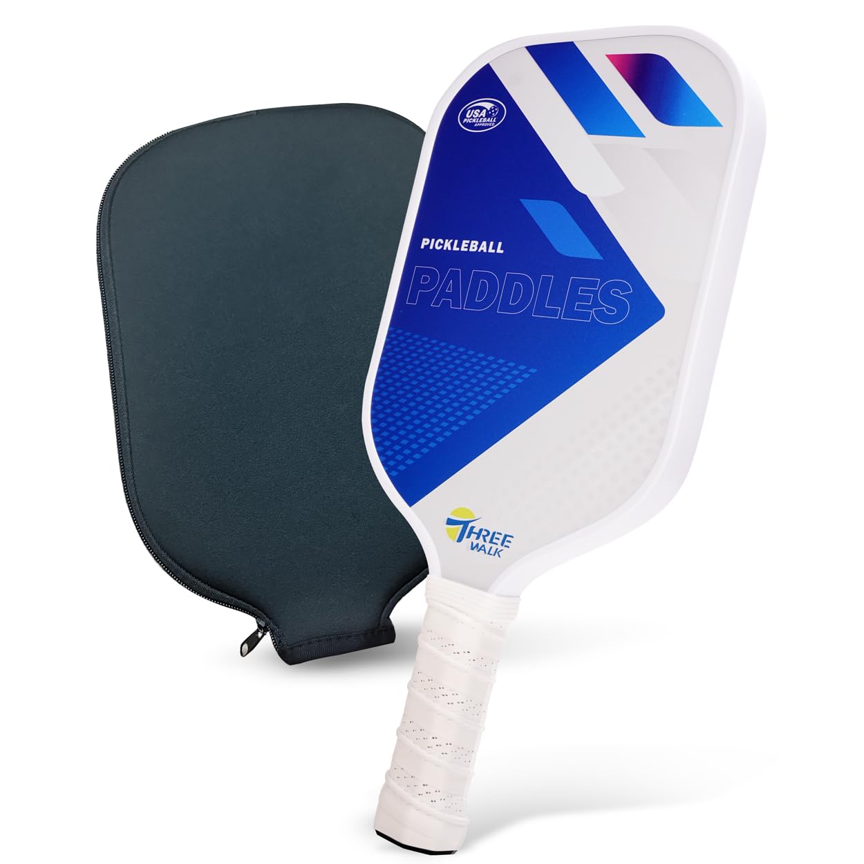 THREEWALK USAPA Approved Pickleball Paddle – Carbon Fiber Surface & Quiet 16mm Poly Core | Lightweight Control Paddle with Extended Handle & Edge Guard (Includes Paddle Cover, Blue/White)