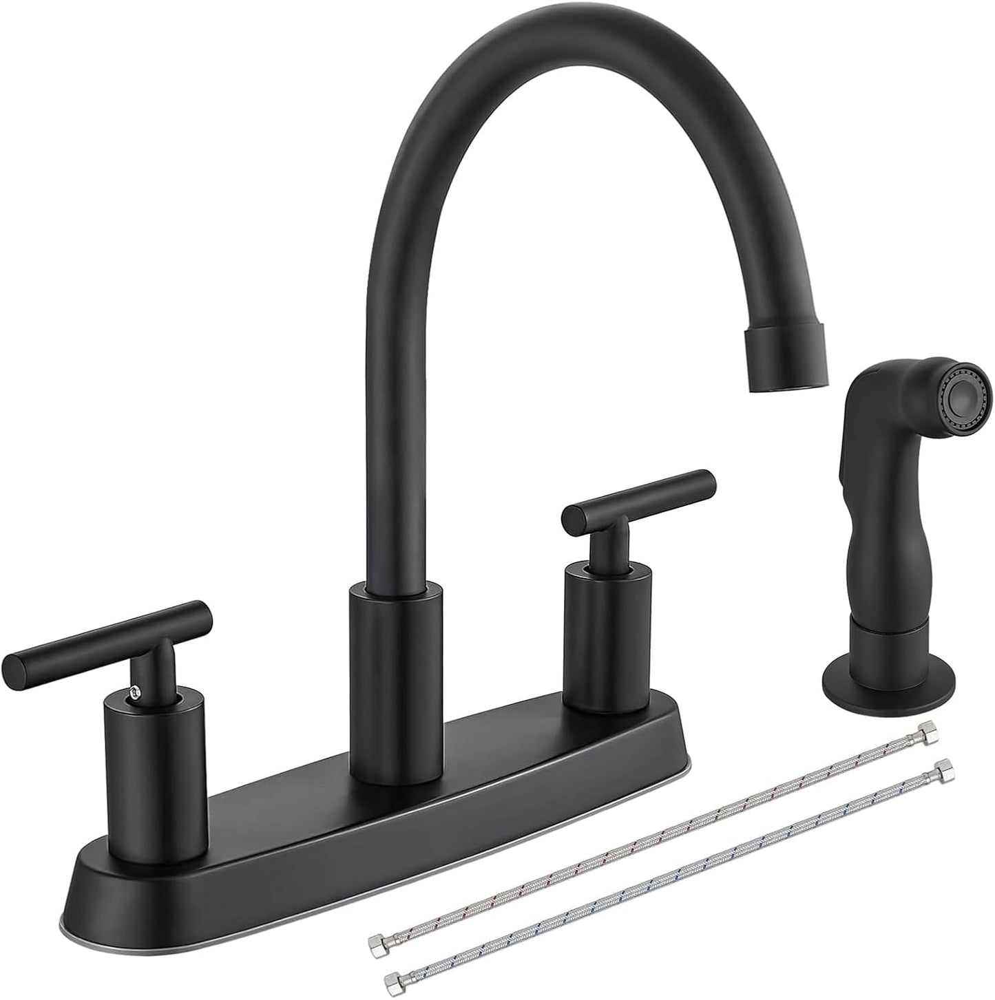 Brushed Nickel Kitchen Faucet with 360° Rotating Spout & Side Sprayer - 2 Handle, 8 Inch Centerset