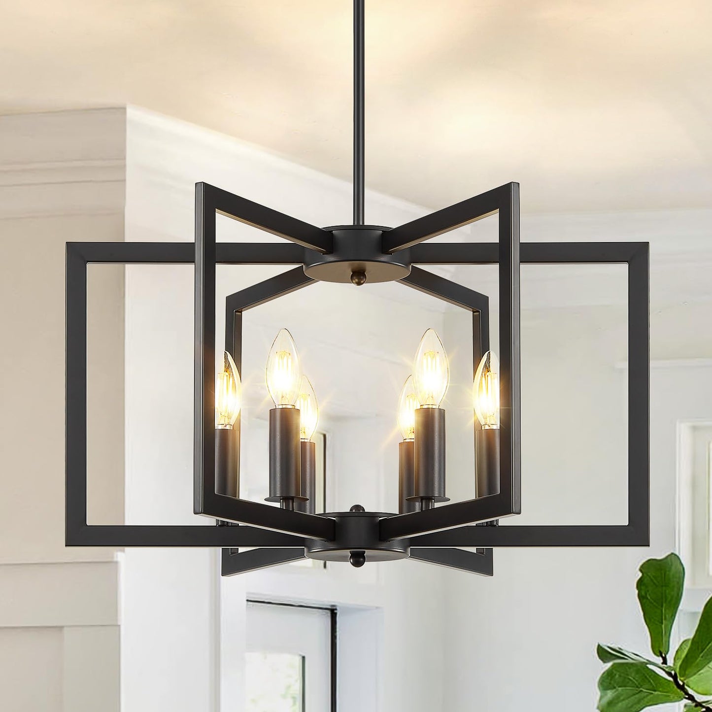 6-Light Black Chandelier, Dining Room Light Fixture, Farmhouse Chandelier, Geometric Metal Industrial Pendant Light Fixture Ceiling Hanging for Kitchen Stairway Foyer Entryway Hallway
