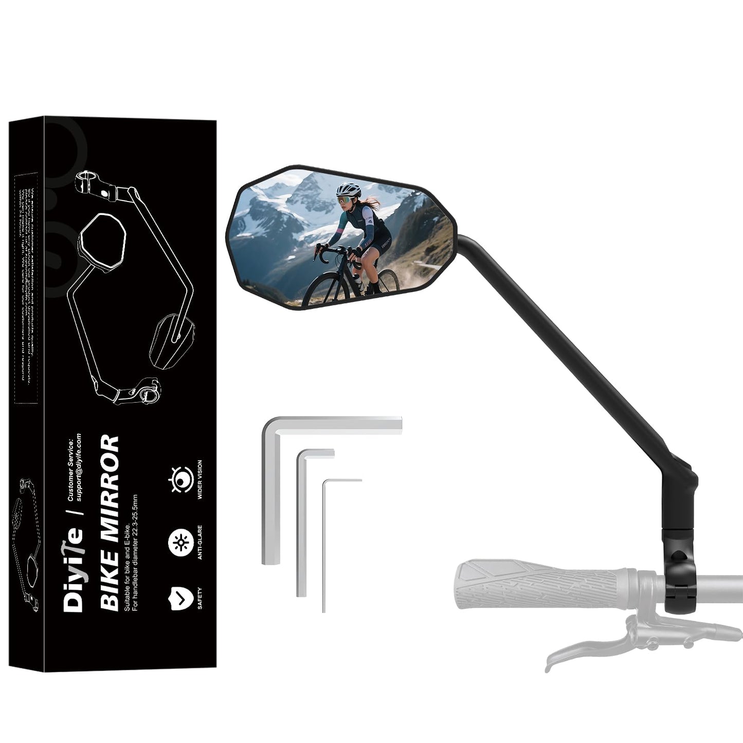 Diyife Bike Mirror, [Long Arm] HD Wide Angle Large Bicycle Mirrors for Handlebars, 360°Adjustable Anti-shake Bicycle Rear View Mirror, Bike Accessories for Ebike Scooter Mountain Road Bike (Left)