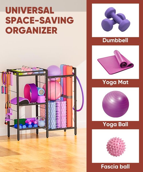 Fiwithy 3 Tiers Dumbbells Yoga Mat Storage Rack with Elastic Straps for Kettlebells Foam Roller Resistance Bands Balls, Workout Equipment Organizer Weight Storage Holder with Hooks for Home Gym, Black