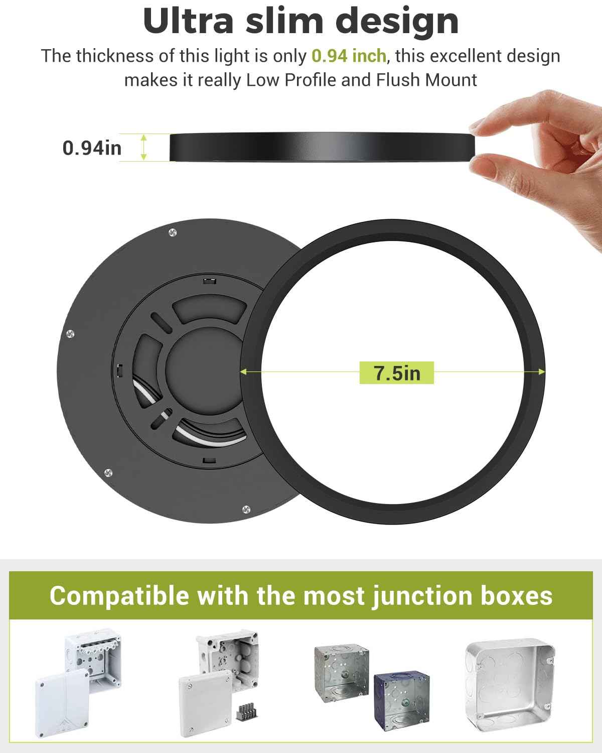 2PACK LED Flush Mount Ceiling Light - 3CCT Selectable 3000K-4000K-6500K & 100W Equivalent Modern Kitchen Recessed Ceiling Lamp 15W 1500Lm 7.5 Inch for Bathroom Closet Laundry Bedroom